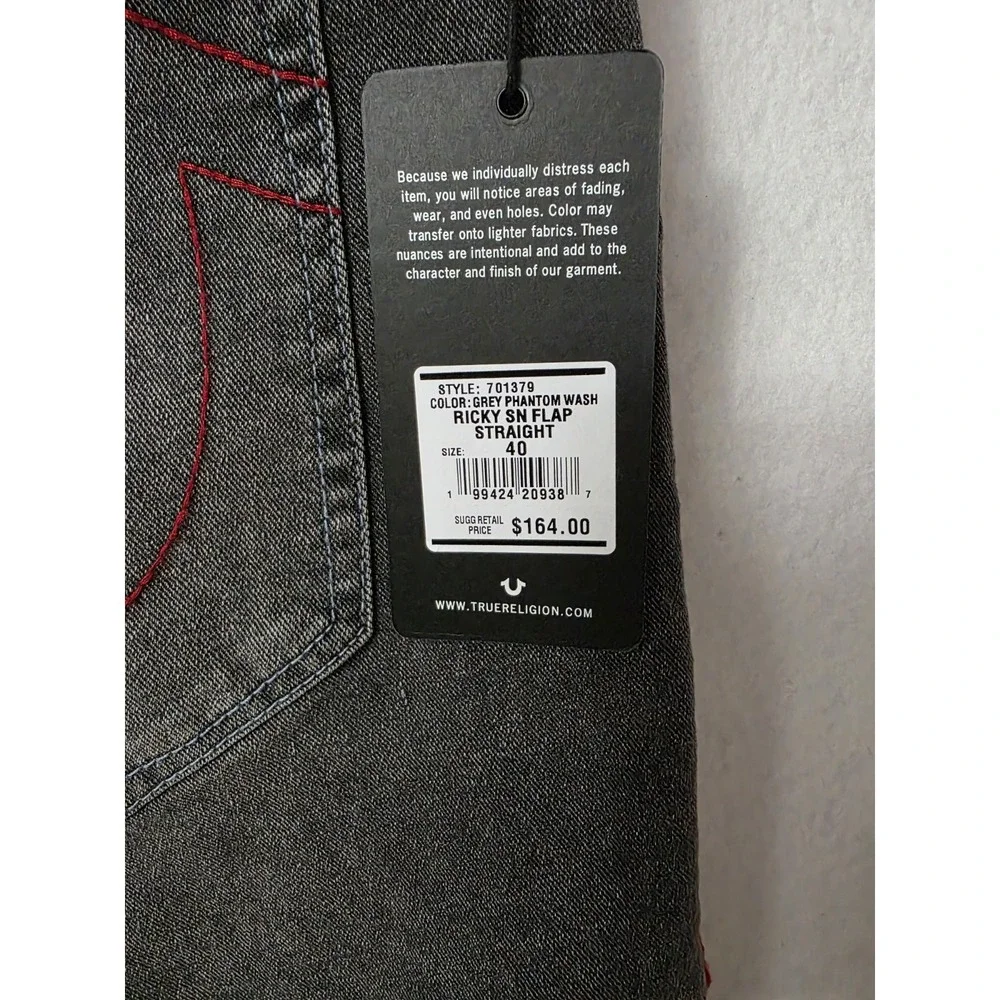 True Religion Men's Ricky SN Flap Straight Jeans in a grey phantom wash 40x34